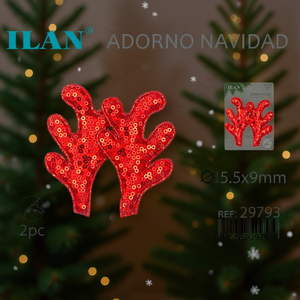 Ilan Christmas Ornament Deer Antlers 15.5x9mm <b>Sequin</b> <b>Red</b> 2pc - Product Image 3