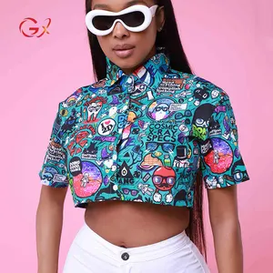 GX8407 Wholesale summer spring clothing ladies crop top blouses print short sleeve shirt for women fashion blouse shirts