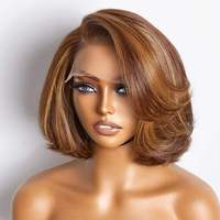 Perruques courtes de style pixie en gros, vague lâche, couleur brun miel, 100% cheveux humains vierges brésiliens, perruque frontale en dentelle complète 13X4