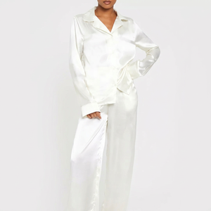 Robe longue en satin pour femme, manches longues, col rabattu, fermeture boutonnée, couleur unie blanche, élégante, vêtements de nuit, printemps - Product Image 4