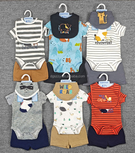 Set di 4 Pezzi Tedmimak in Cotone per Neonata <span class=keywords><strong>12</strong></span> <span class=keywords><strong>Mesi</strong></span>, Stampa Animalier/Floreale Stile Americano, Tutina Estiva a Maniche Corte con Bavaglino - Product Image 6