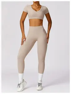 RUIQUWIN femmes Yoga ensemble vêtements d'entraînement sport Gym Legging sans couture Fitness fermeture éclair à manches longues haut court Yoga costume vêtements de sport