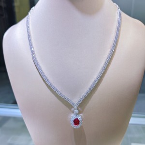Collier pendentif ovale en rubis naturel de luxe, or 18 carats, pavé de diamants, ligne en V, bijoux fins pour femmes - Product Image 4