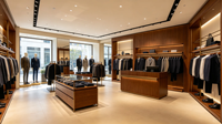 Présentoir Commercial de Luxe pour Vêtements, Cadre Doré, Bois MDF Noyer, Présentoir Complet pour Magasin de Vêtements pour Hommes