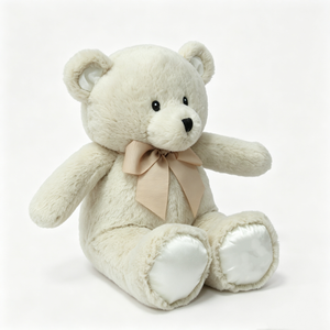 Oso de peluche personalizado color crema con detalles en satén, oso de peluche en pose sentada con corbatín, oso de peluche con almohadillas de satén en las patas - Product Image 3