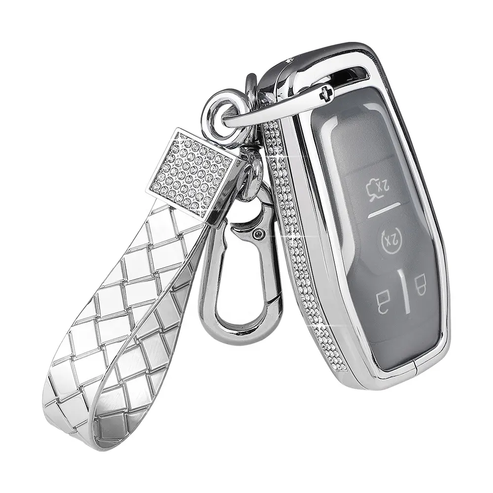 Carcarmy for Ford Key Fob Cover Fusion Mustang F150 Edge Explorer Accessories 4 5 Buttons Crystal Zinc Metal Silver Key Case 1Pc