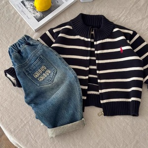 Child Star Circle Boys Knit Cardigan Zipper Front Striped Autumn Outerwear For Kids - Product Image 3