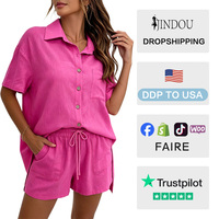 Ensemble deux pièces décontracté d'été pour femme, couleur unie, chemise à revers, crop top, short large plissé au genou, grande taille, coupe régulière