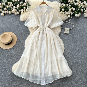French Elegant Lapel Lantern Sleeve <strong>Dress</strong> Women's Tie-Waist Button-Down <strong>Ethereal</strong> Gown With Slim Design - Product Image 3
