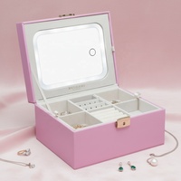 Boîte à bijoux de luxe rectangulaire avec miroir LED amovible, en cuir PU personnalisé, verrouillable, organisateur de bijoux à deux niveaux, grande capacité de rangement