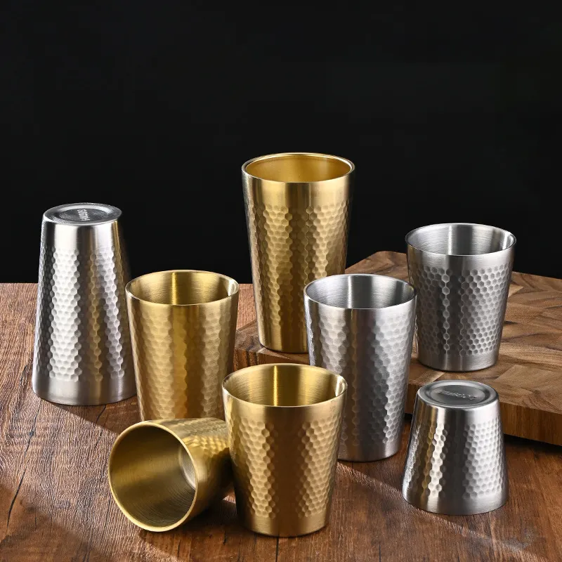 Taza de café de cerveza al vacío de doble pared dorada apilable de alta calidad, vaso martillado para beber de Metal, taza de acero inoxidable