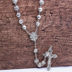 Rosario Católico Retro con Cuentas de Rosa y Cruz, Collar de Aleación de Zinc, Joyería Cristiana, Regalos para Iglesia, Venta al por Mayor - Product Image 5