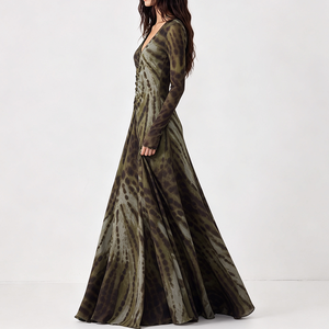 Custom Women Elegant V Neck <b>Long</b> Sleeve Chiffon Maxi <b>Dress</b> Natural Woven Abstract Print Ruched Flowy Evening Party <b>Dress</b> - Product Image 3