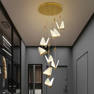 现代室内客厅长楼梯灯具水晶发光二极管蝴蝶形吊灯吊灯
