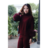 Ensemble 2 pièces en laine mélangée décontractée pour femmes, pull à col roulé tendance, ensemble tricoté avec poignets en fourrure de renard, pantalon large pour femmes
