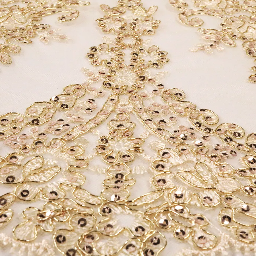 Luxus Maschine bestickte Tasse Pailletten Gold 3D Flower Cording Stickerei Spitze Stoff für Hochzeits feier Kleid