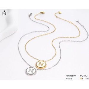 Collana con Ciondolo a Forma di Lettera N e Diamante, Catena da 2Cm, Placcata in Argento e Oro, Acciaio Ref45599 - Product Image 1