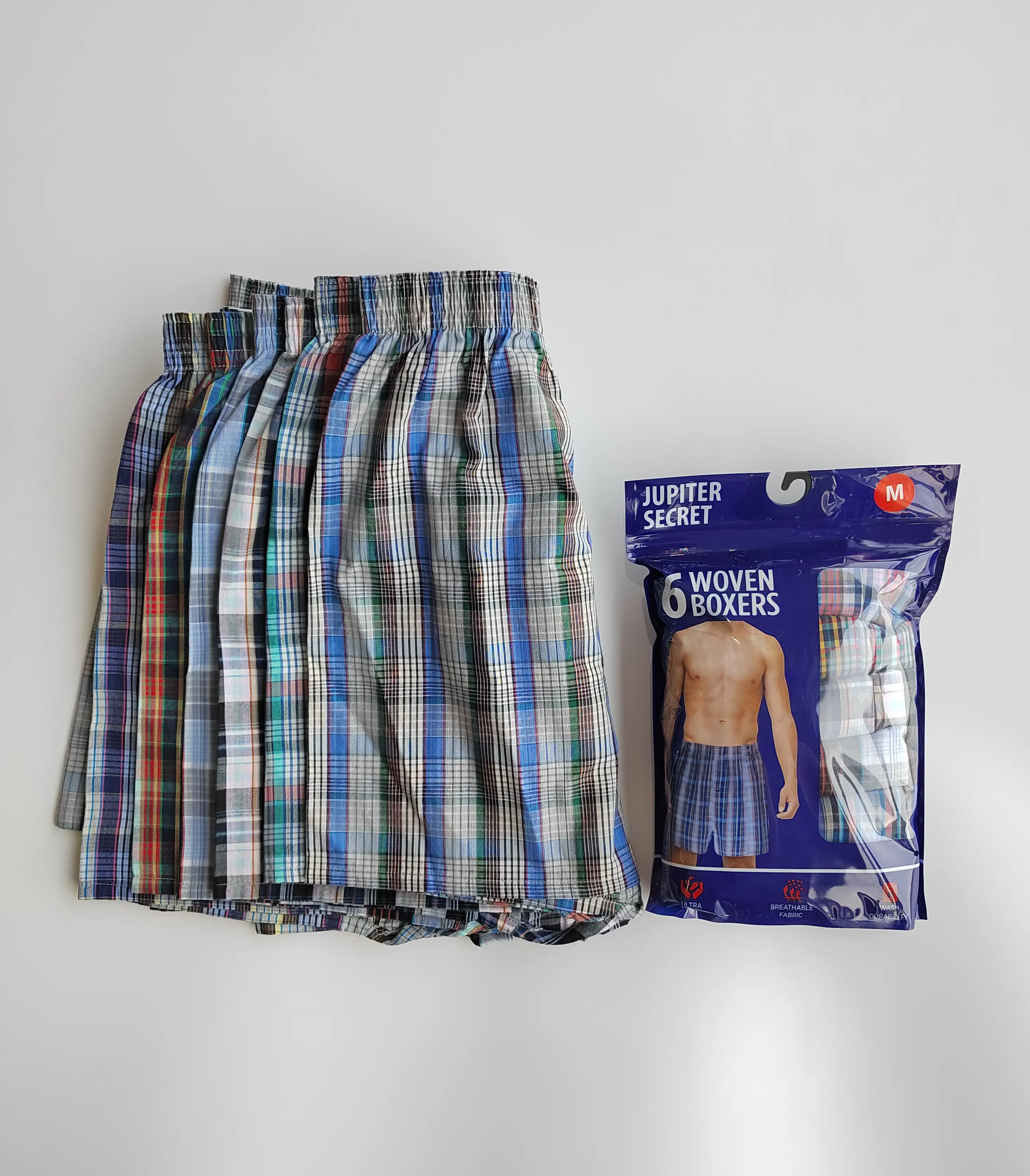 Wholesale RTS 6 Pack Men's Woven Cotton Checked Boxer Shorts with Inside Exposed Waistband Classics Plaid Boxershorts Man