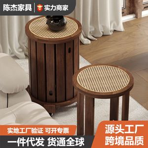 Solid Wood <b>Stool</b> Round Stackable Rattan Top Home Use Furniture - Product Image 3