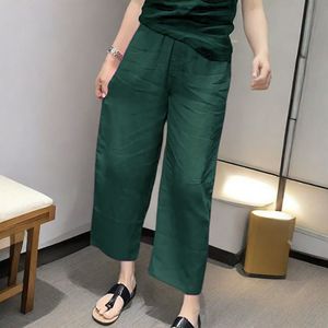 Purple Wide Leg Linen Pants Elastic Waist Cropped Casual Women's Pants Breathable Summer Style - Product Image 2