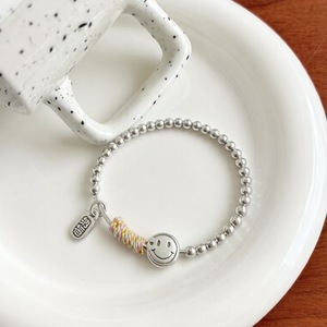 Bracelet en perles argentées avec visage souriant pour femmes, bijoux en corde élastique en argent pur, cadeau - Product Image 2