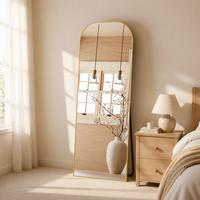 Miroir sur pied pleine longueur pour la décoration intérieure, avec dessus bombé et bords carrés, cadre en alliage d'aluminium doré, idéal pour chambre et dressing