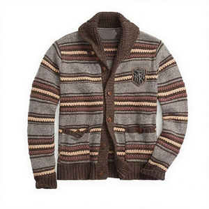 <span class=keywords><strong>Pull</strong></span> en tricot personnalisé OEM pour hommes Cardigan à un bouton Col marin Tricot à broderie lourde <span class=keywords><strong>Pull</strong></span> à manches longues avec poche pour hommes - Product Image 2