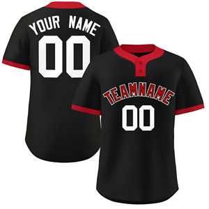 Jersey Softball Klasik Dua Kancing Warna Hitam Merah-Putih Kustom - Product Image 1