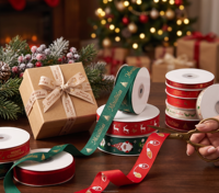 Ruban décoratif personnalisé en satin polyester imprimé pour accessoires vestimentaires de Noël