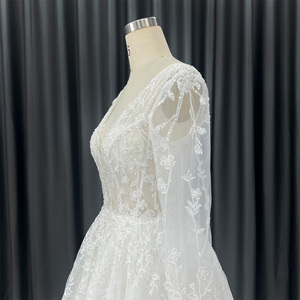 Pour HX99 dos nu à manches longues chapelle Train moderne mariée dentelle paillettes cristal Appliques robes de mariage pour femmes - Product Image 4