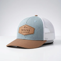 BSCI OEM Custom Hoge Kwaliteit Luxe Gestreepte 6-Panel Blauwe Denim Lederen Patch Logo Gorras Mesh Gouden Koperen Gesp 112 Trucker Pet