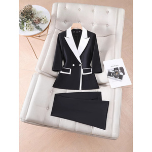 Women's Three Quarter Sleeve Color Block Blazer Pants Set Satin Anti Wrinkle Formal Commute Suit YSY6607 - Product Image 1