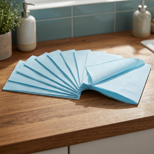 Alèses jetables à usage médical de marque distributeur 13 x 18, 2 plis papier/1 pli poly, 500 unités/boîte, bavoirs pour patients bleus - Product Image 2