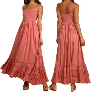 2022 Großhandel Frauen Spaghetti träger Elastic Band Smocked Cutout elegante Tiered Beach Maxi lange Sommer Freizeit kleid