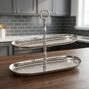 2 <b>Tier</b> Hammered Aluminium Handmade Oval <b>Cake</b> Stand Decorative Handle Dishwasher Safe for Home Dining Table Food Snack Dessert - Product Image 5