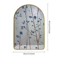 Miroir d'appoint élégant en métal doré, miroir mural décoratif avec motif floral bleu gravé pour la décoration intérieure de chambre et de salon