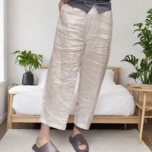 Purple Wide Leg Linen Pants Elastic Waist Cropped Casual Women's Pants Breathable Summer Style - Product Image 3
