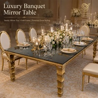 Table de mariage rectangulaire de 180 cm en acier inoxydable avec cadre en métal doré de haute qualité et plateau en verre miroir noir, tables de banquet pour hôtel