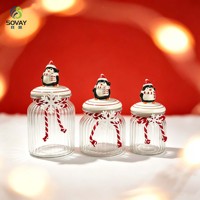 Pot en verre à couvercle en céramique, décoré de pingouins peints à la main, transparent et côtelé, 270/650/950 ml, pour le stockage de bonbons de Noël