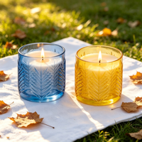 Porte-bougies en verre à motif de feuilles en relief bleu et jaune pour la table, les mariages, la décoration de la maison et les fêtes