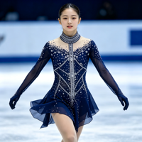 Robe de patinage artistique bleu marine à strass, col montant, dos évidé, manches longues, en maille, pour compétition de patinage sur glace, personnalisable