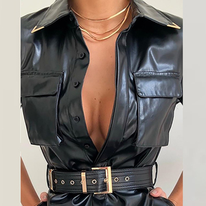 <strong>Women</strong> Black PU Short Sleeve Solid Turn-down <strong>Collar</strong> Pocket Design PU Shirt <strong>Dress</strong> with Belt Workwear Banquet Party - Product Image 6