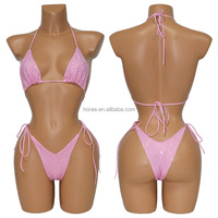 Ensemble de bikini B039 de style usine, culotte de bain coupe haute, tenue de strip-teaseuse sexy ornée de cristaux, avec logo personnalisé et style strass scintillant