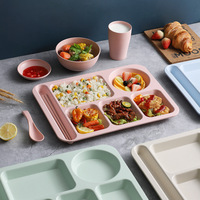 Assiette en plastique à 5 compartiments avec ensemble de couverts (baguettes, cuillère, fourchette) pour usage commercial, cafétérias d'étudiants, restaurants, restauration rapide