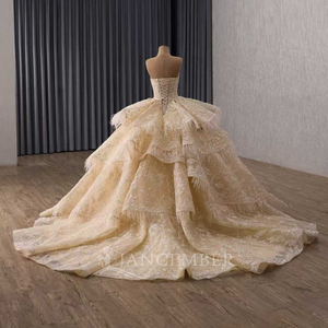 251149 Vintage Champagne Ruffle <b>Sequined</b> Crystal Lace Appliques Embroidery Ball Gown Evening Party Chapel Train Pearls Beading - Product Image 4