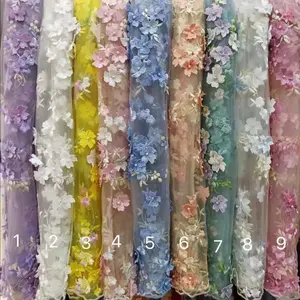 Spot Color Two Color Embroidery 3d Mesh Flower Heavy Industry Embroidery Beaded Lace Fabric For Wedding Dresses