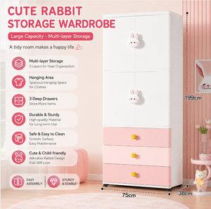 Armario Moderno y Adorable para Bebés, 2 Puertas, 3 Cajones, 2 Estantes, Barra para Ropa Extraíble, Perilla de Conejo, Armario Infantil con Cajones de Almacenamiento - Product Image 1
