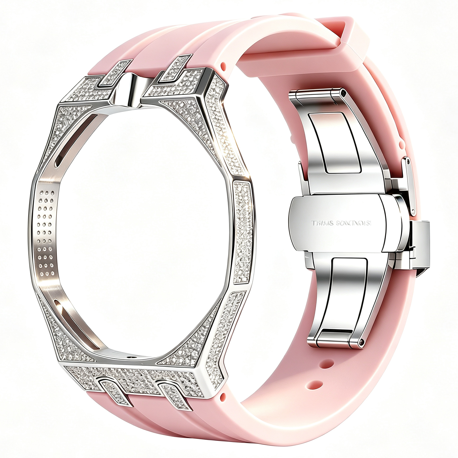 Bague argentée, diamant rose, position 12 heures.