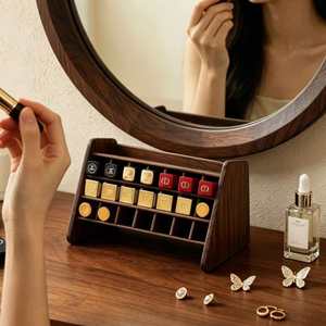 Black Walnut Wood Lipstick <b>Storage</b> Rack <b>With</b> Slanted Compartments Layered Design Makeup Organizer For <b>Dressing</b> <b>Table</b> - Product Image 1