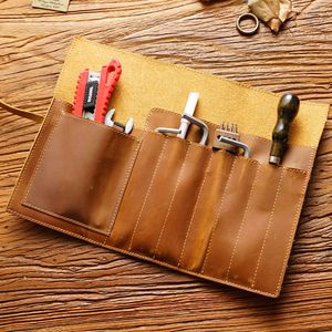 Étui à crayons en cuir véritable, porte-stylos et papeterie en cuir Crazy Horse, pochette scolaire, sac à stylos, étui à stylos enroulable - Product Image 2